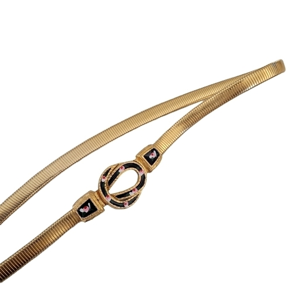 Vintage Gold Tone Metal Coil Thin Belt Enamel Floral Clasp - Picture 2 of 7